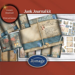 May include: Junk Journal kit with a blue and brown color scheme. The kit includes pages with butterflies, flowers, and handwritten text. The kit also includes a variety of decorative elements, such as tags, labels, and stickers.