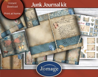 Kit de journal indésirable avec des pages de journal imprimables, des éphémères et une enveloppe dans des couleurs neutres bleu-beige pour être créatif. - 1