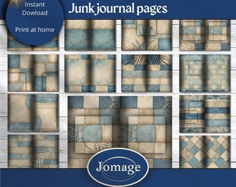 Digital foldable junk journal craft paper in basic vintage neutral bleu beige design  -1