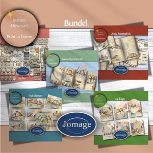 Op de afbeelding: Een digitaal downloadpakket met printbare knutselartikelen met een blauwe-mees-thema. Het pakket bevat een junk-journal-set, een journal-zak-set, digitaal papier en 24 labels. De afbeelding toont een verscheidenheid aan printbare ontwerpen met blauwe mezen, bloemen en andere natuur-geïnspireerde elementen.