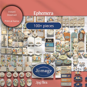 Op de afbeelding: Een digitale collage-sheet met meer dan 100 stukjes vintage ephemera met aquarel illustraties van vogels op takken, bloemelementen en diverse labels en tags. De sheet is getiteld "Ephemera" en bevat de tekst "100+ pieces" en "Jomâge Jpg files".