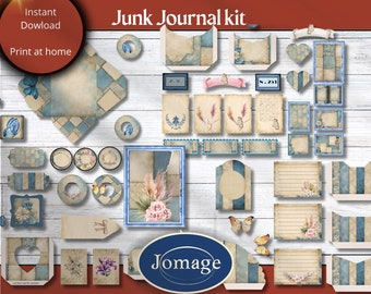 Junk journal kit met printbare journalpages, ephemera en envelop in neutrale blauw beige kleuren om zelf creatief mee te zijn. - 1