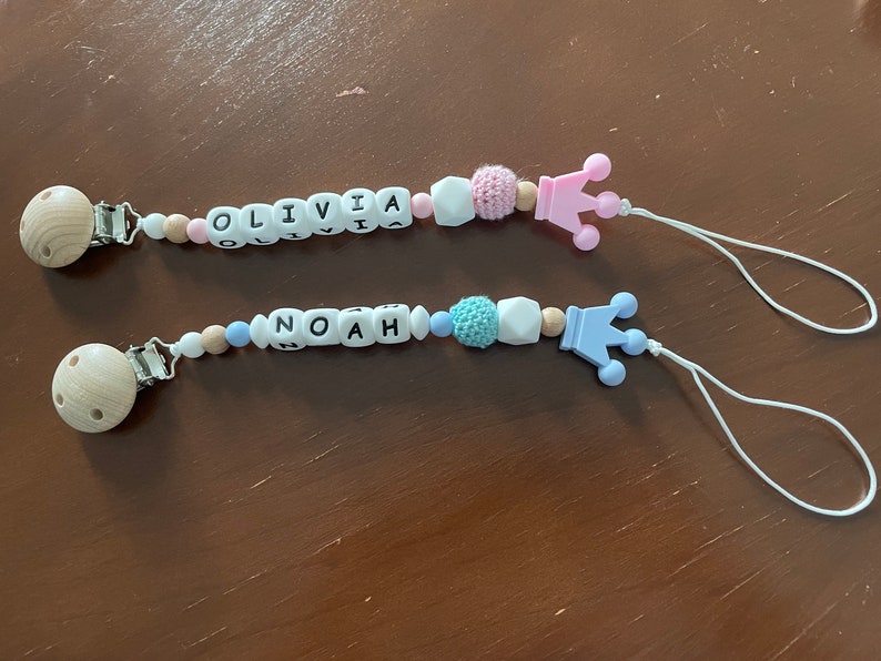 Personalized Pacifier clip, Dummy clip, Silicone Wooden Crochet beads pacifier clip, Baby shower gift, Newborn gift image 4