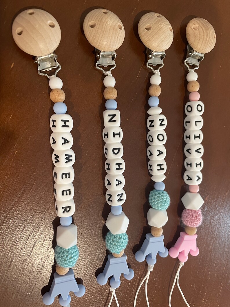 Personalized Pacifier clip, Dummy clip, Silicone Wooden Crochet beads pacifier clip, Baby shower gift, Newborn gift image 10