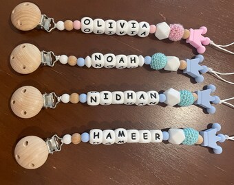 Clip de chupete personalizado, clip ficticio, clip de chupete de cuentas de ganchillo de madera de silicona, regalo de baby shower, regalo para recién nacidos