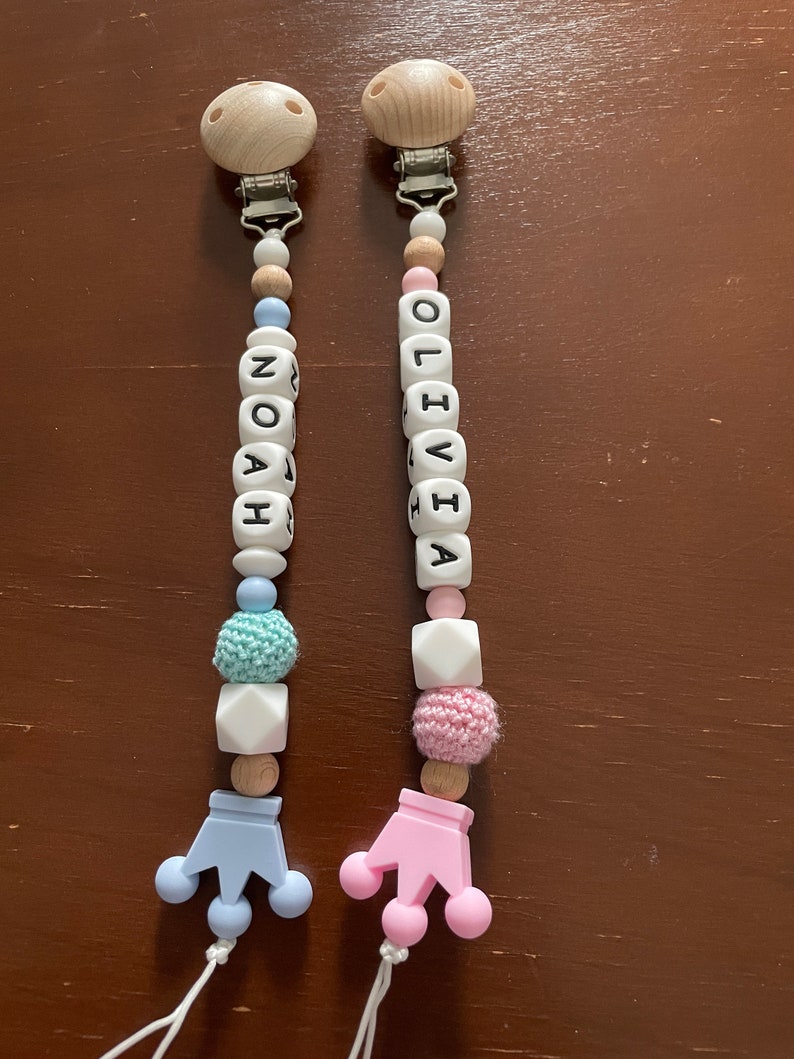 Personalized Pacifier clip, Dummy clip, Silicone Wooden Crochet beads pacifier clip, Baby shower gift, Newborn gift image 3