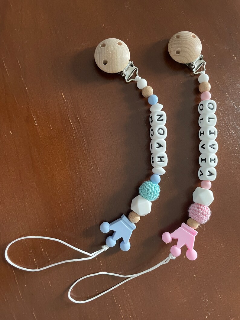 Personalized Pacifier clip, Dummy clip, Silicone Wooden Crochet beads pacifier clip, Baby shower gift, Newborn gift image 2