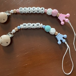 Personalized Pacifier clip, Dummy clip, Silicone Wooden Crochet beads pacifier clip, Baby shower gift, Newborn gift image 1