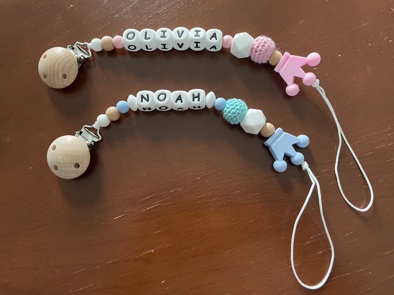 Personalized Pacifier clip, Dummy clip, Silicone Wooden Crochet beads pacifier clip, Baby shower gift, Newborn gift image 1