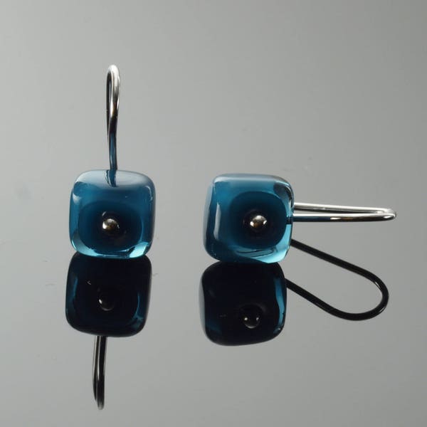 Tiny Square Dangle Earrings in Steel Blue Glass and Sterling Silver