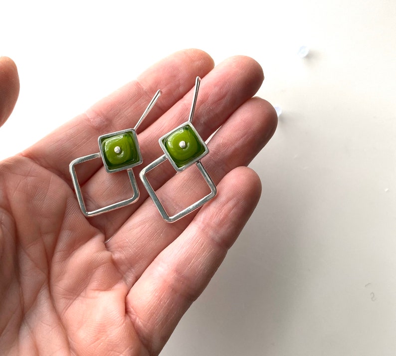 Large Green Diamond Shaped Glass and Silver Earrings