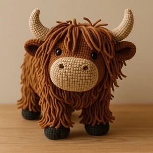 May include: A crocheted Highland cow plush toy. The toy features a brown body with long, shaggy fur, a light tan muzzle, and curved horns. The cow has black eyes and black hooves. The toy is standing on a wooden surface.