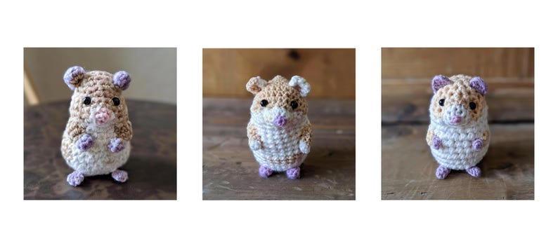 May include: Three crocheted hamster plushies with brown and white fur, pink noses, and purple feet. The plushies are sitting on a wooden surface.