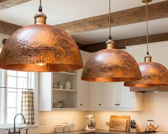 Lámpara colgante de latón martillado, lámpara de techo para isla de cocina con cúpula maciza, lámpara colgante rústica