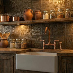 Peut inclure: Une cuisine rustique avec des casseroles en cuivre, des bocaux d'épices et un évier de ferme blanc. Des étagères et des armoires en bois complètent le robinet et le dosseret en cuivre. L'éclairage chaleureux crée une atmosphère chaleureuse.