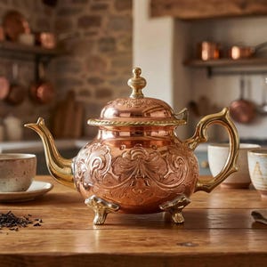 Ornate Copper Teapot with Brass Handle, Hand-Engraved Moroccan Tea Pot, Artisanal Copper Kitchen Decor