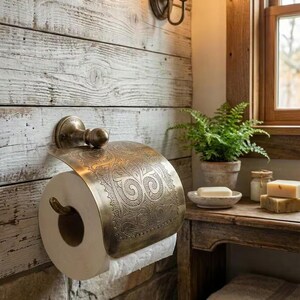May include: An antique-style brass toilet paper holder with an ornate, embossed design. The holder is mounted on a rustic, whitewashed wooden wall. A lit wall sconce and a small potted plant are also visible.