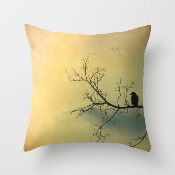 Crow Image, Bird Pillow Sham, Zen Raven, Golden Nature Sky And Blackbird, Nature Home Decor, Silhouette - Solitude Mood Pillow Cover