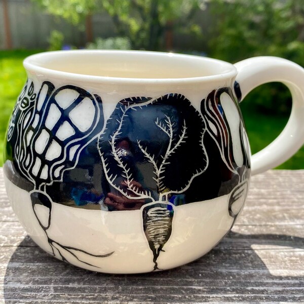 Hand carved sgraffito root veggie mug