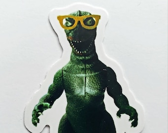 Godzilla Wearing Glasses Sticker – Vintage Toy Art, Weatherproof Vinyl