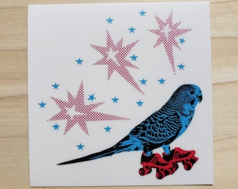 Roller Skating Parakeet Sticker – Retro Budgie Bird, Weatherproof Vinyl