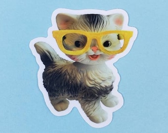 Vintage Kitty Cat Sticker – Retro Toy with Glasses, Weatherproof Vinyl