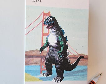 Vintage Godzilla Art Card - Bridge Collage, Quirky Gift