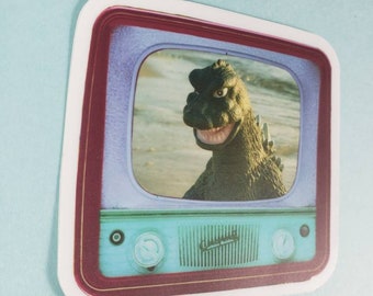 Godzilla on TV Sticker – Vintage Sci-Fi Horror, Weatherproof Vinyl