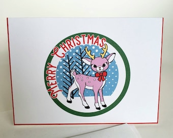 Vintage Pink Reindeer Christmas Card – Mid Century Style, Set of 5