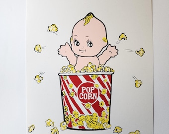 Screen Print Popcorn Kewpie Doll Poster- Handmade Vintage Toy Art