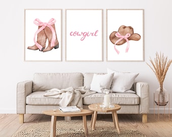 Printable Cowgirl Wall Art Set, Western Cowboy boots Wall Art, Trendy Pink Bows Dorm Wall Decor Gallery, Trendy Print Posters Cowgirl hat
