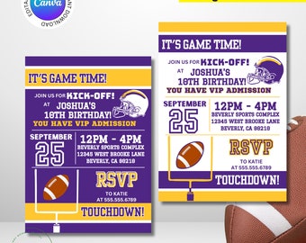 Editable Purple & Gold Colors Minnesota Football Team Birthday Party Printable Invitation - EDIT YOURSELF with Canva