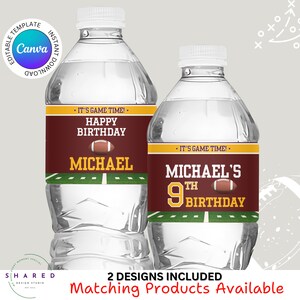 May include: Two water bottle labels with a football theme. The labels are brown with gold accents and feature the text "It's Game Time!" and "Happy Birthday Michael". The second label says "It's Game Time!" and "Michael's 9th Birthday".