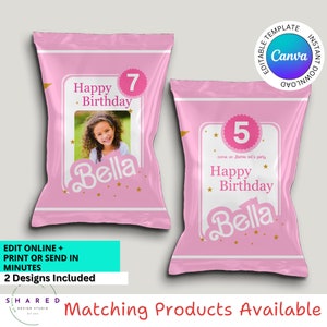 May include: Two pink party favor bags with a birthday theme. One bag has the number 7, the other has the number 5. Both bags feature the name "Bella", the words "Happy Birthday", and a photo of a young girl.