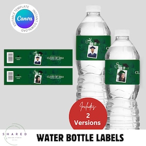 Bewerkbaar groen-wit afstuderen waterfleslabel, afdrukbare College Grad-waterflesverpakking, aanpasbare partijgunst, BEWERKEN met Canva