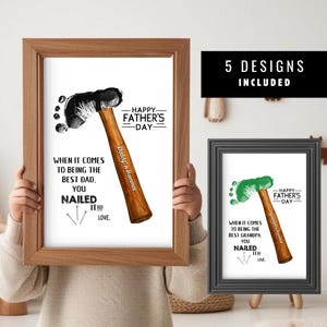 Vatertag Sie haben es geschafft Fußabdruck, druckbares Vatergeschenk von Kindern, Hammer Handabdruck Kunstvorlage für Opa Stiefvater Best Dad Andenken