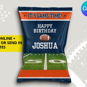 Etichetta per borsa per chip stampabile per festa di compleanno della squadra di calcio di Denver, blu e arancione, etichetta per borsa per chip Chicago, MODIFICABILE con Canva
