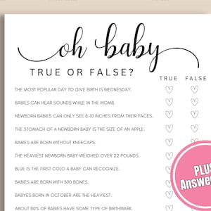 Trivia minimalista per baby shower / Giochi per baby shower per ragazze / Gioco a quiz per bambini / Baby shower con cuori / Modello modificabile