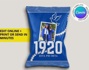 Bewerkbare blauwe en witte Zeta Phi Beta Chip Bag Wrapper, Afdrukbaar ZPB Chip Bag Label, Aanpasbare Zeta Party Favor, BEWERKBAAR met Canva