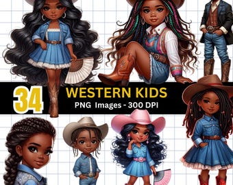 May include: A digital illustration featuring several cartoon children dressed in Western-style clothing. The children wear cowboy hats, denim outfits, and boots. The image includes the text "34 WESTERN KIDS PNG Images - 300 DPI".