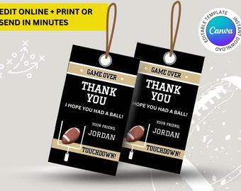 Black & Gold Colors New Orleans Football Team Birthday Party Printable Gift Bag Tags, Editable Treat Hang Tags, Party Favor Tags