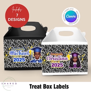 Può includere: Due scatole di dolcetti a tema laurea. Una scatola nera con "Congratulazioni Michael Classe 2025" con un ragazzo con cappello e toga. L'altra scatola bianca dice "Congratulazioni Christina Classe 2025" con una ragazza con cappello e toga. Il testo "Treat Box Labels" è incluso.