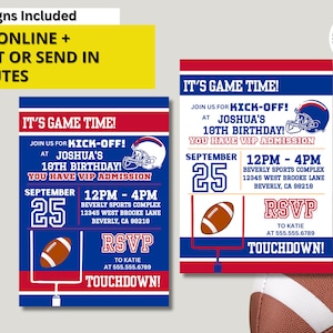 May include: Two printable football-themed birthday invitations with red, white, and blue colors. The invitations feature a football helmet, football, and end zone. The text on the invitations reads "It's Game Time!" and "Join us for Kick-Off! at Joshua's 10th Birthday! You Have VIP Admission".