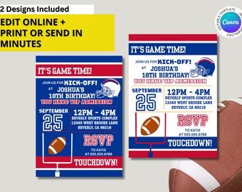 Blue & Red Colors Buffalo Football Team Birthday Party Printable Invitation - EDITABLE with Canva