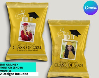 Editable Gold Graduation Chip Bag Label, Printable Grad Chip Bag Wrapper, Customizable Graduation Party Favor - EDITABLE with Canva