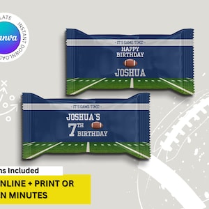 May include: Two designs for printable football-themed birthday party favor wrappers. The wrappers are blue and green with a football graphic and the text "It's Game Time!" and "Joshua's 7th Birthday".
