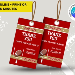 Etiquetas de bolsa de regalo imprimibles para fiesta de cumpleaños del equipo de fútbol de San Francisco en colores rojo y dorado, etiquetas colgantes de regalo editables, etiquetas de favor de fiesta