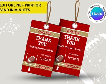 Red & Gold Colors San Francisco Football Team Birthday Party Printable Gift Bag Tags, Editable Treat Hang Tags, Party Favor Tags