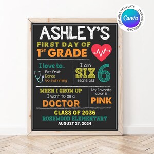 Editable First Day of School Sign, Printable Chalkboard Back to School  Photo Prop, Doctor 1st Day of School Reusable Template, ANY GRADE