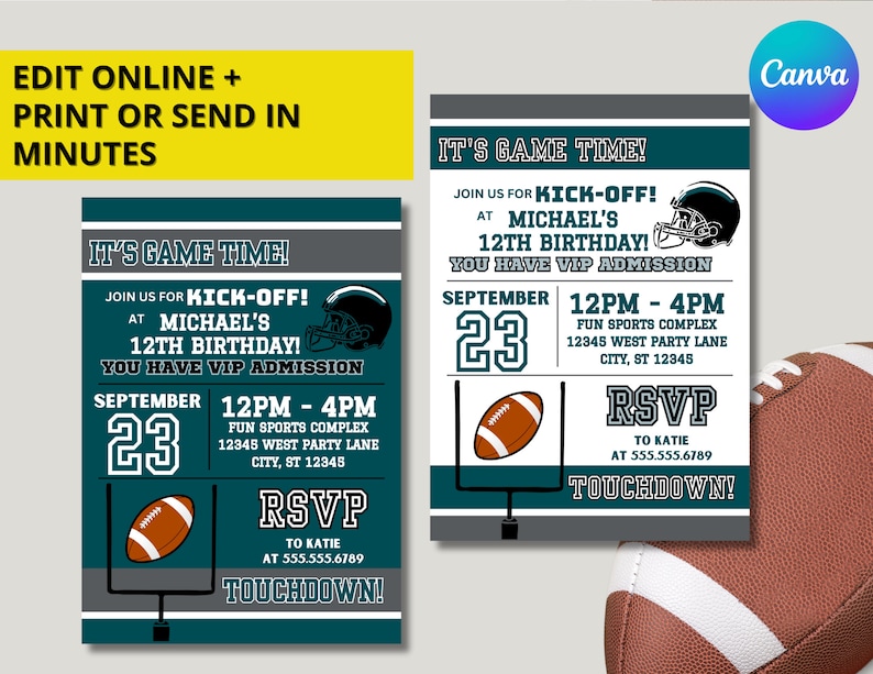 Green &amp; Grey Philadelphia Football Team Birthday Party Printable Invitation - EDITABLE With ...